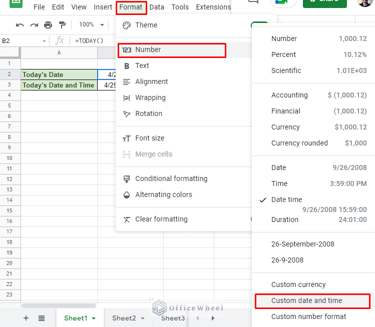 navigating to custom date time from the format tab to change date format